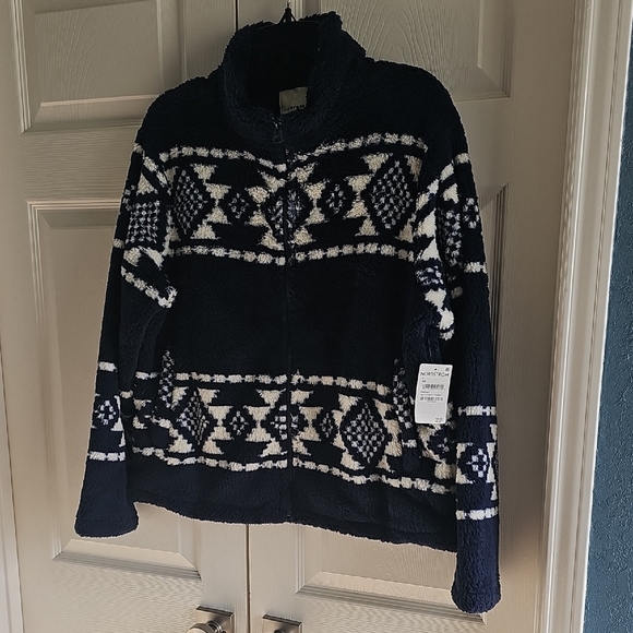 NWT Lucky Brand Geo Print Faux Fur Zip Teddy Jacket Large. Navy/Ivory - Picture 8 of 16